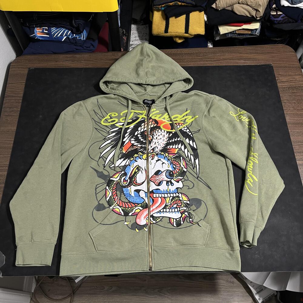 Ed Hardy Hoodie Large Green Full Zip Skull Snake Eagle Tattoo Love Kills Slowly